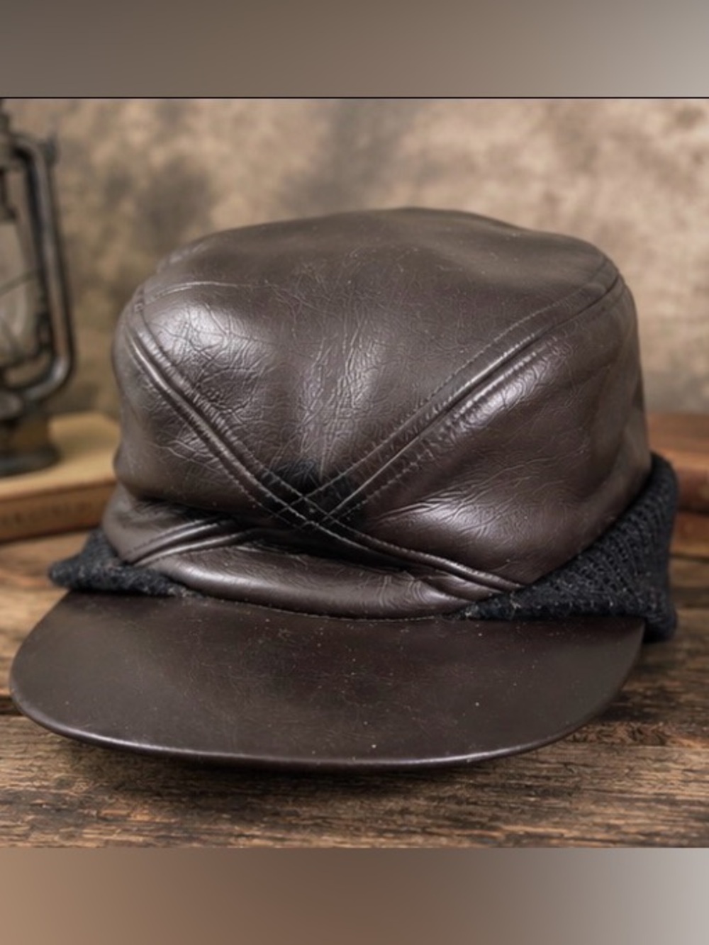 Vintage Union Made Leather Ear Flap Winterβ Cap Dark Brown Mens Mid Century